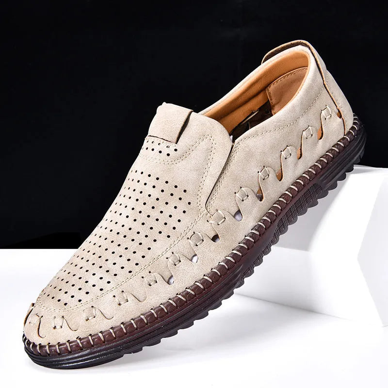 Men's brown slip-on casual shoes with round toe and hollowed-out pattern detailing