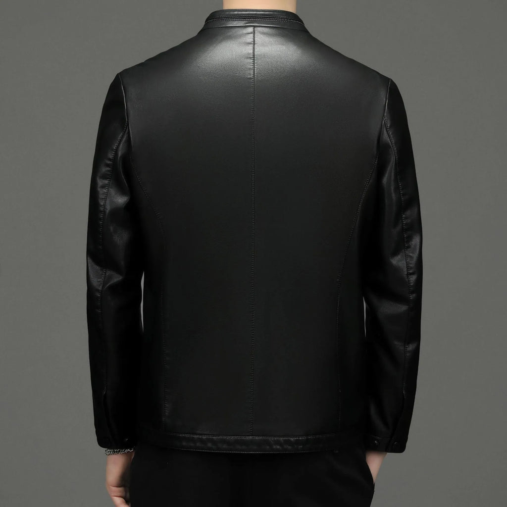 Men's genuine sheepskin leather jacket in black with fleece polyester lining, front view