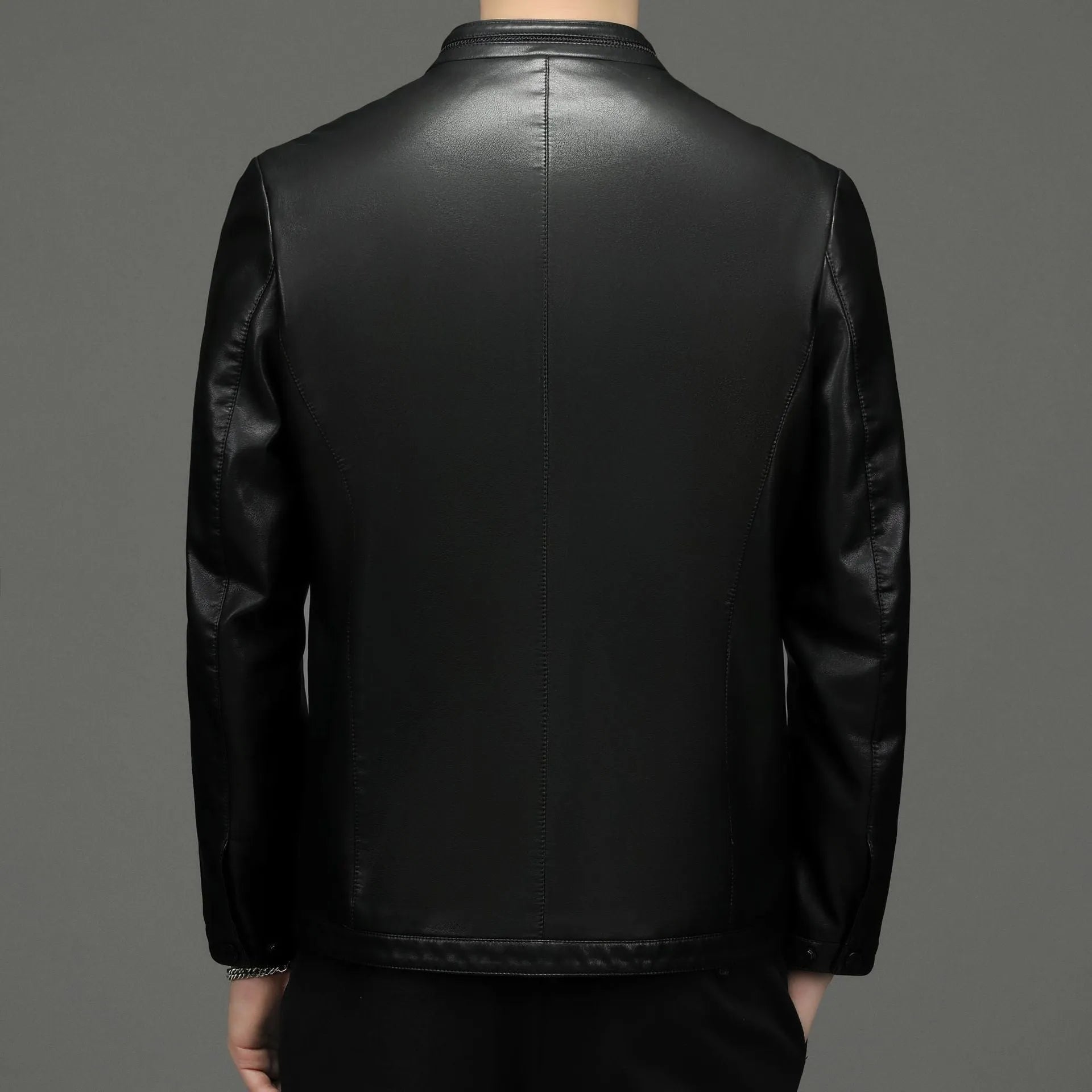 Men's genuine sheepskin leather jacket in black with fleece polyester lining, front view