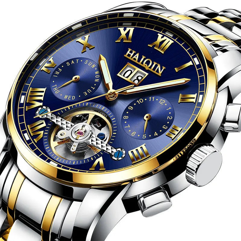 Men's waterproof luminous hollow tourbillon automatic mechanical watch with stainless steel strap and 42mm case