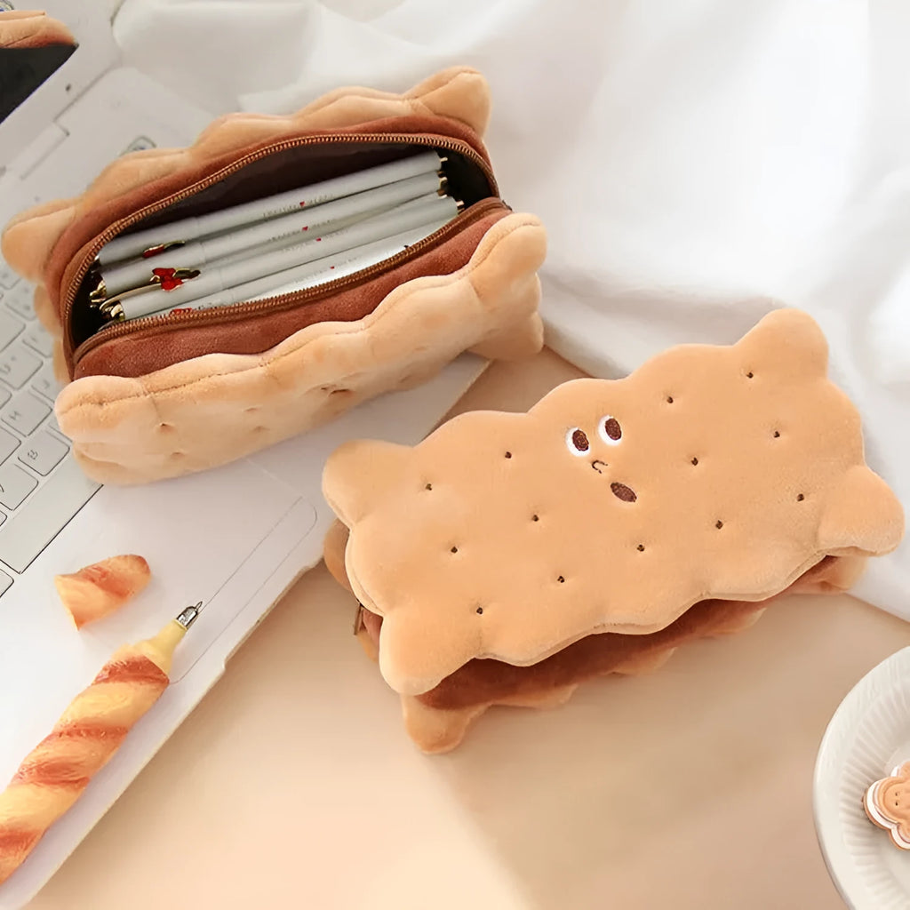 Plush sandwich biscuit pencil bag with soft plush material in cartoon style for school storage