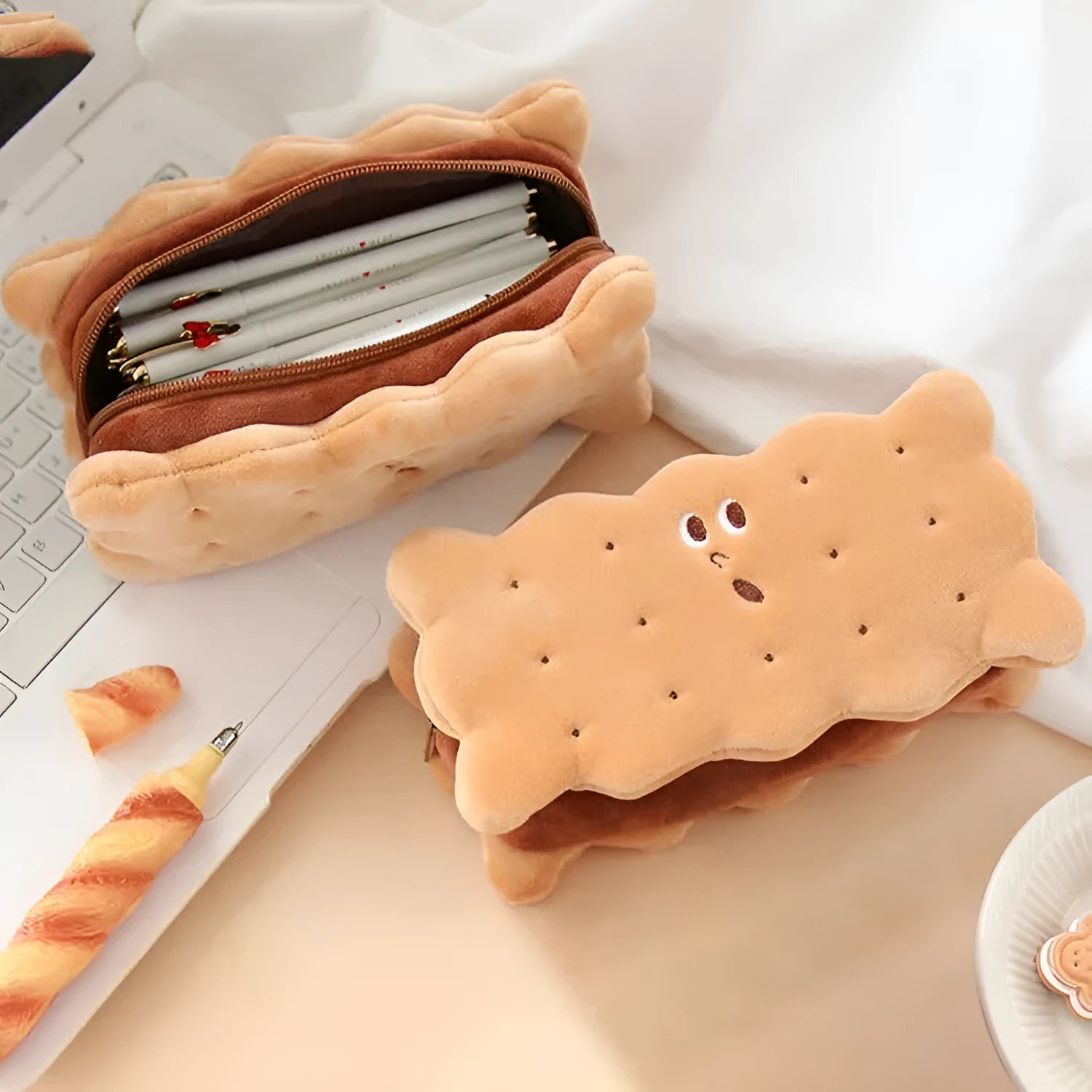 Plush sandwich biscuit pencil bag with soft plush material in cartoon style for school storage
