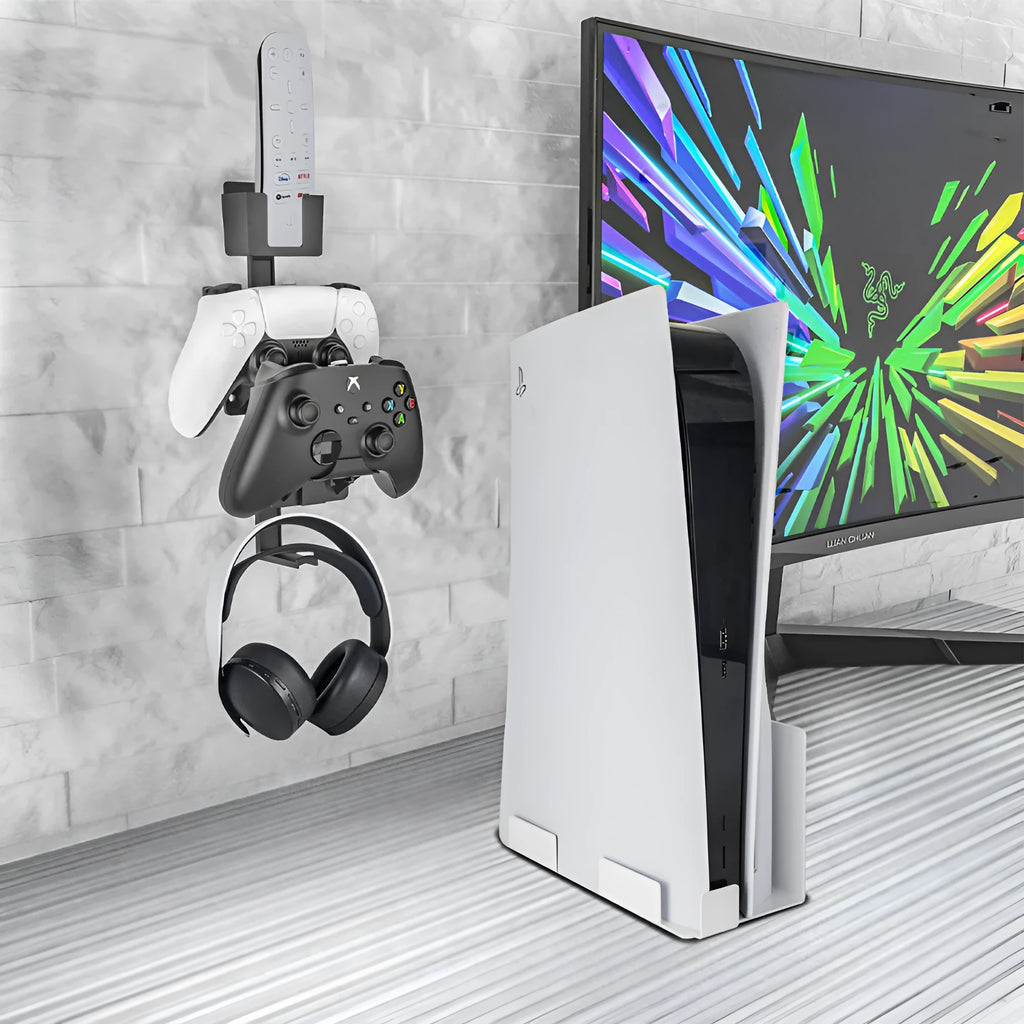Wall-mounted gaming controller storage hook in black holding PlayStation and Xbox controllers