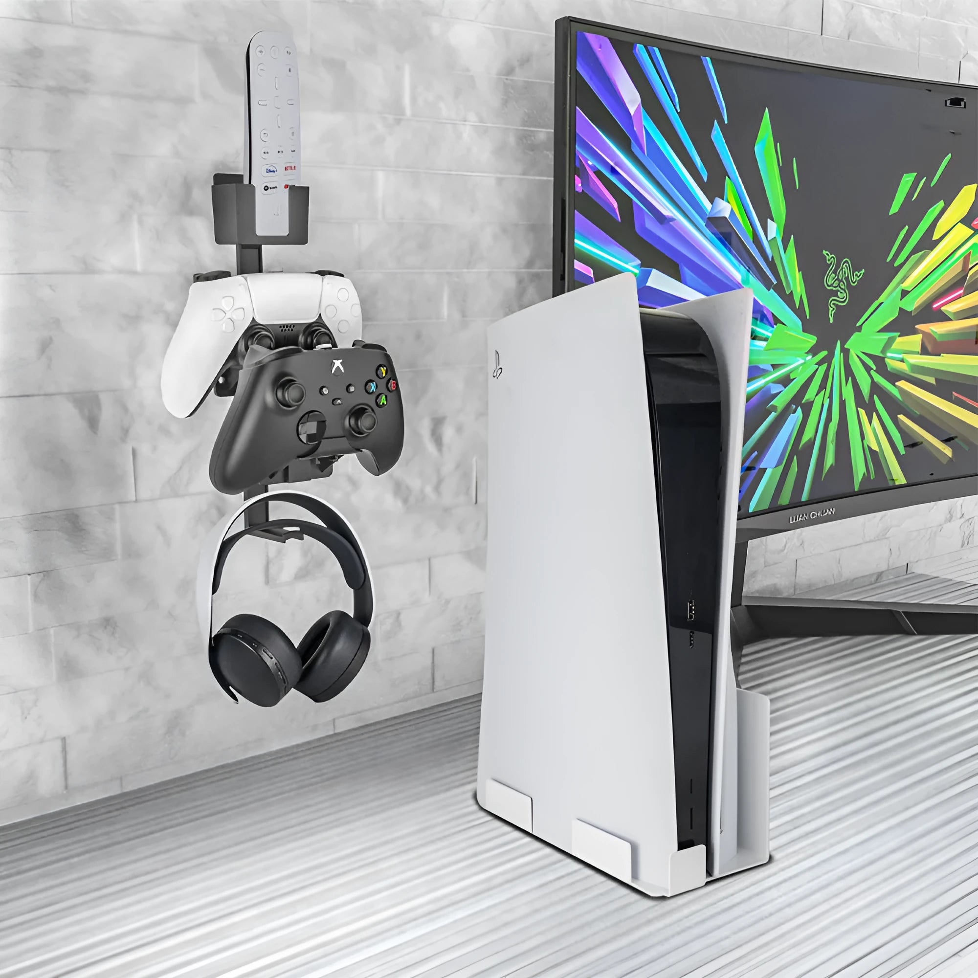Wall-mounted gaming controller storage hook in black holding PlayStation and Xbox controllers