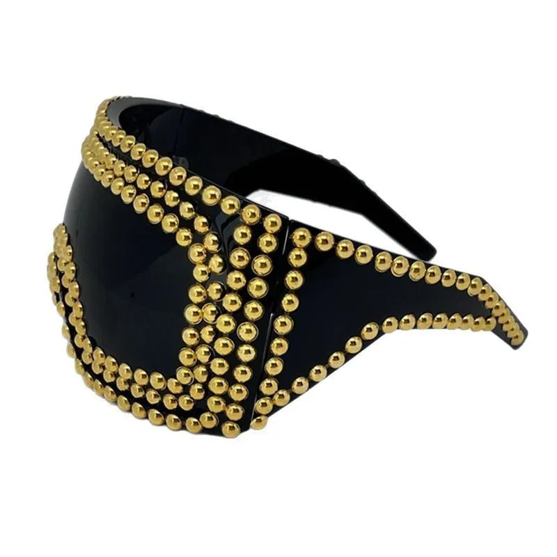 Men's square sunglasses with large rim and punk rivet detailing in silver or gold colours