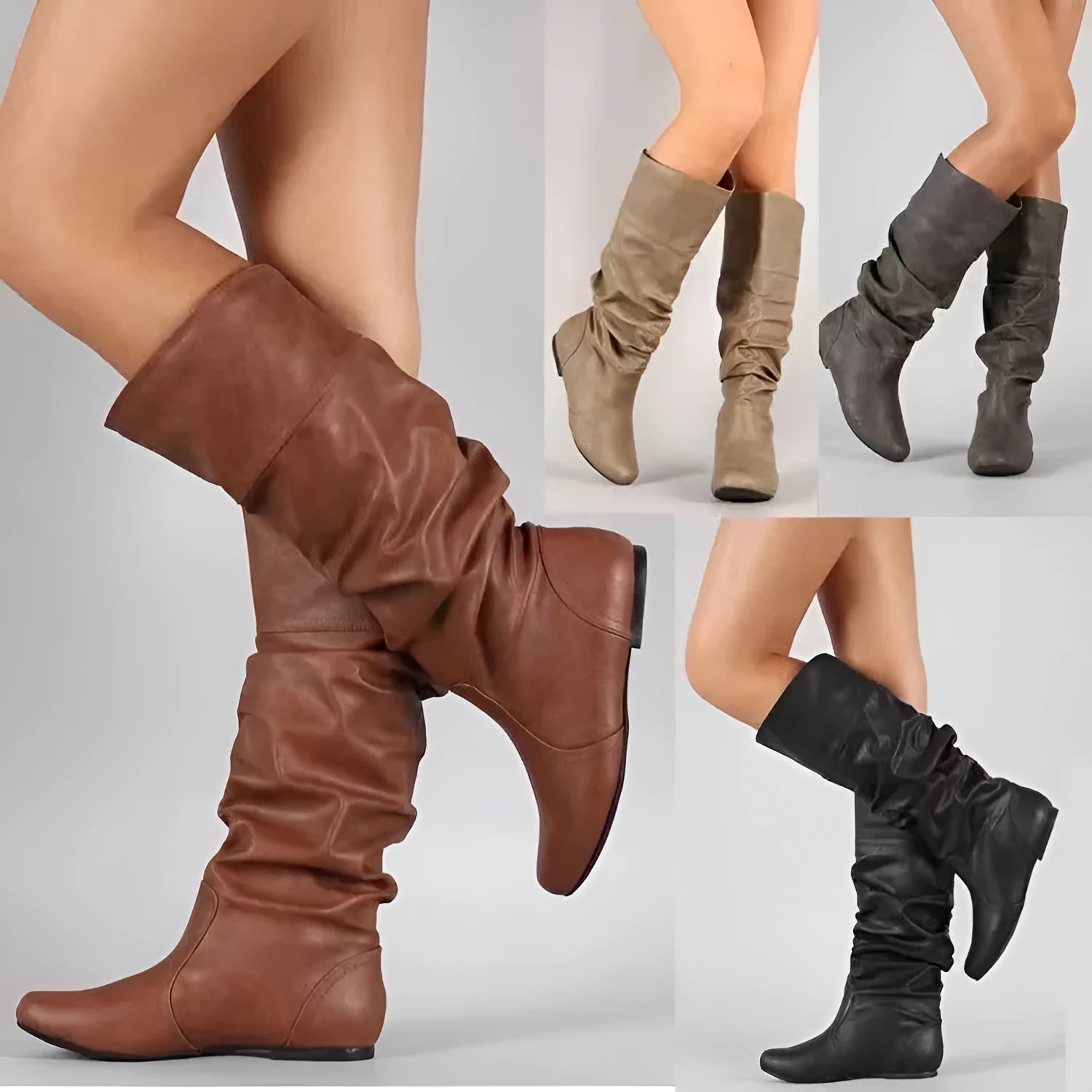 Women's black slip-on flat boots with a round toe and high cylinder shaft, showing the rubber sole.