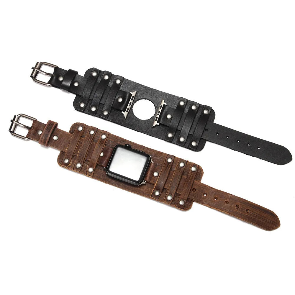 Punk style genuine cowhide leather watch strap in black, fitting 38/40mm watch lugs