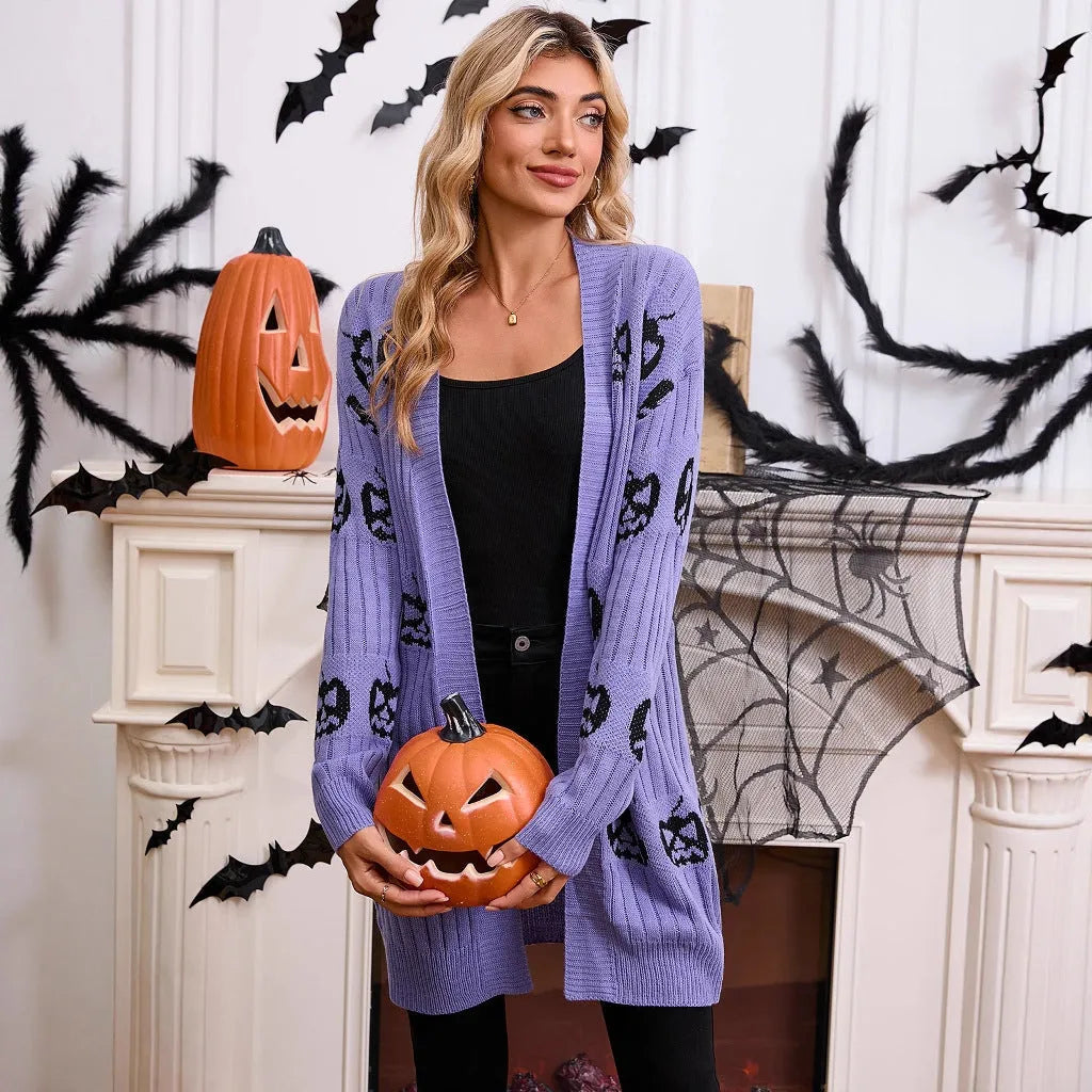 Women's black Halloween cardigan with orange pumpkin head jacquard pattern knitted design