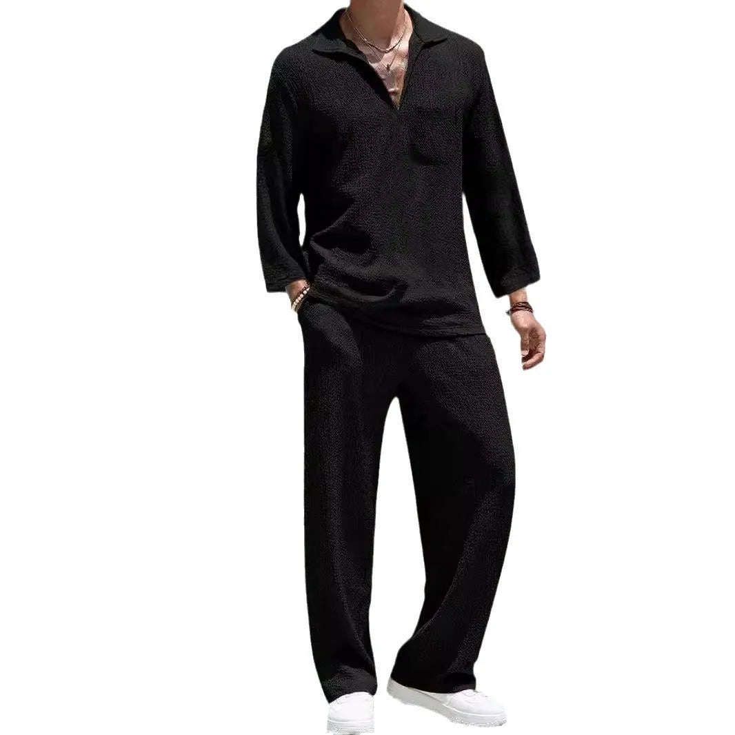 Men's casual commuter shirt trousers suit in polyester fabric available in four colours with Asian sizing