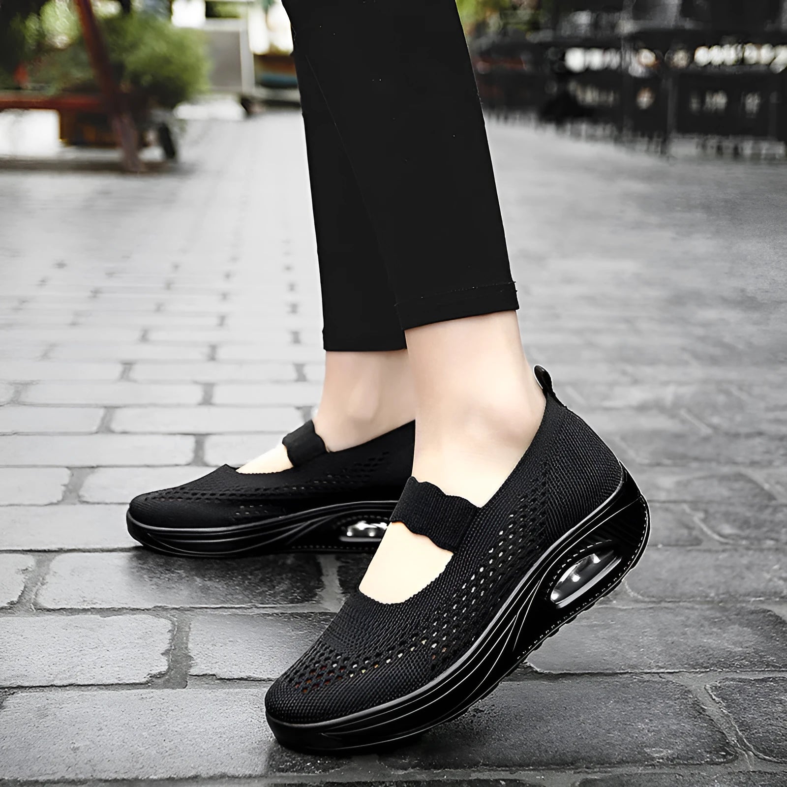 Women's beige slip-on mesh shoes with round toe and low heel on a white background