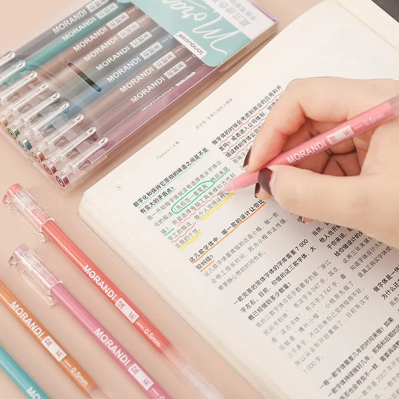 Nine Japanese gel pens in plastic case with 0.5mm needle tips in retro colour theme