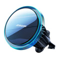 Black magnetic wireless charging phone mount attached to a car air vent.