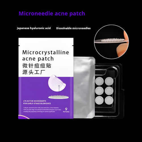 Sheet of nine 14mm soluble hyaluronic acid invisible microneedle acne patches in blister box.