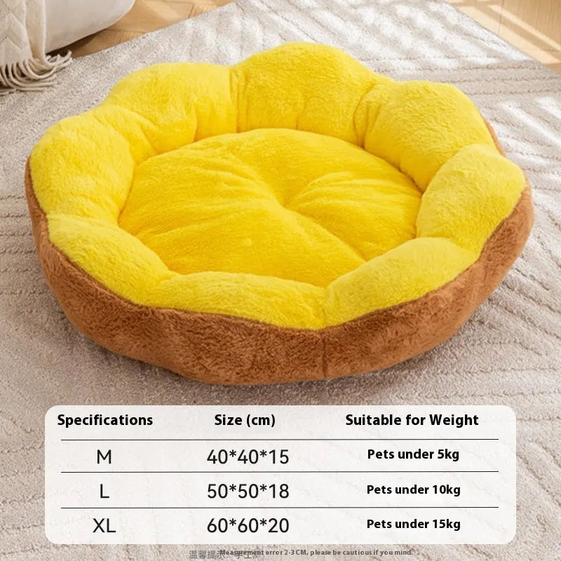 Round cat pet bed with thick rabbit plush material in yellow brown colour showing detachable design