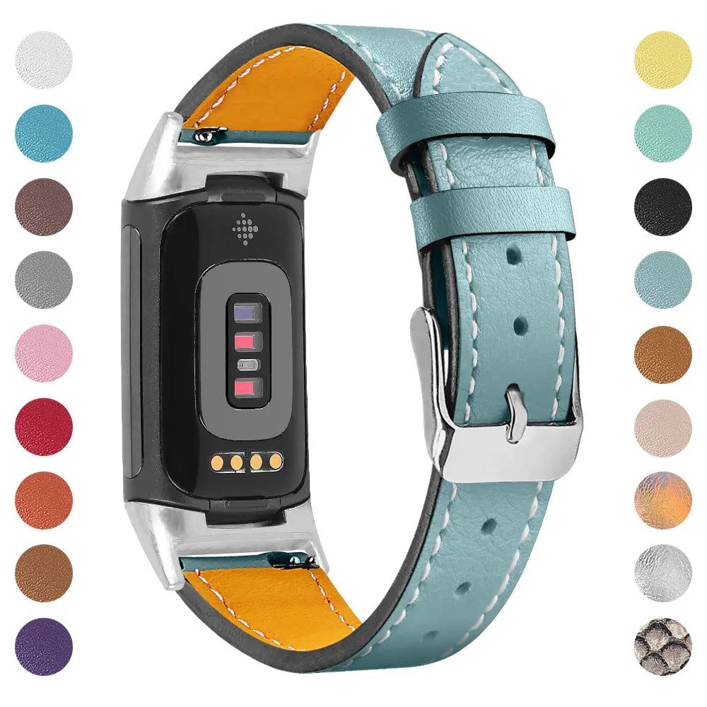 Genuine cowhide leather replacement strap for Fitbit Charge 5 and Charge 6 smartwatches in various colours.