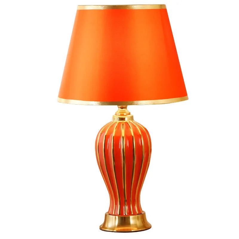 Ceramic table lamp with vertical stripe pattern and touch or remote switch for bedroom or living room