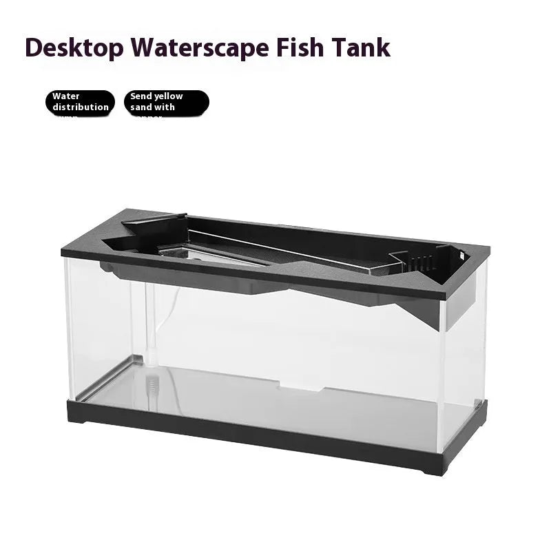 Small acrylic lazy aquarium with integrated filter, water pump, built-in lamp, heating mat, and external light on a desk