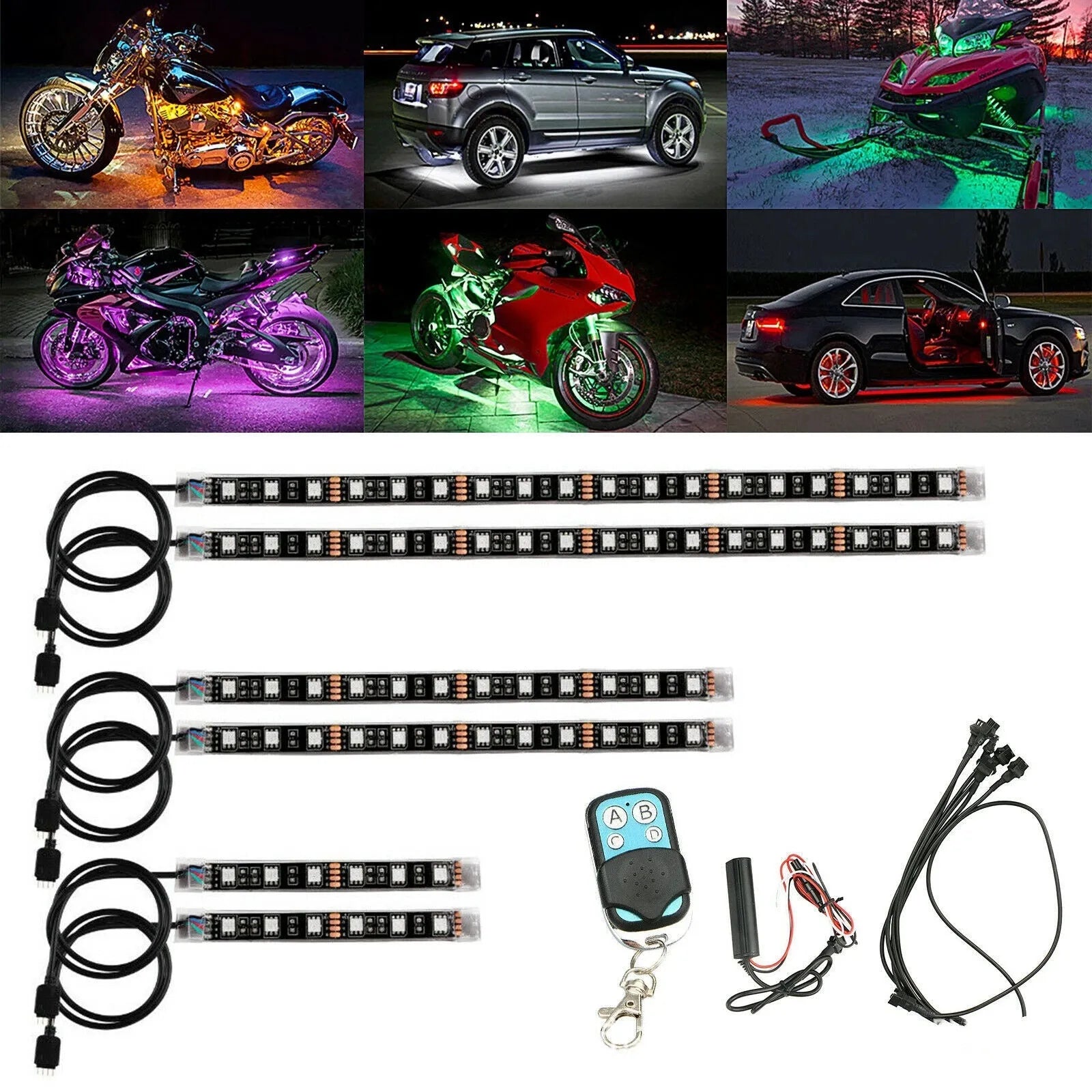 Black silicone RGB LED light bar kit with wireless remote for car and motorcycle atmosphere lighting