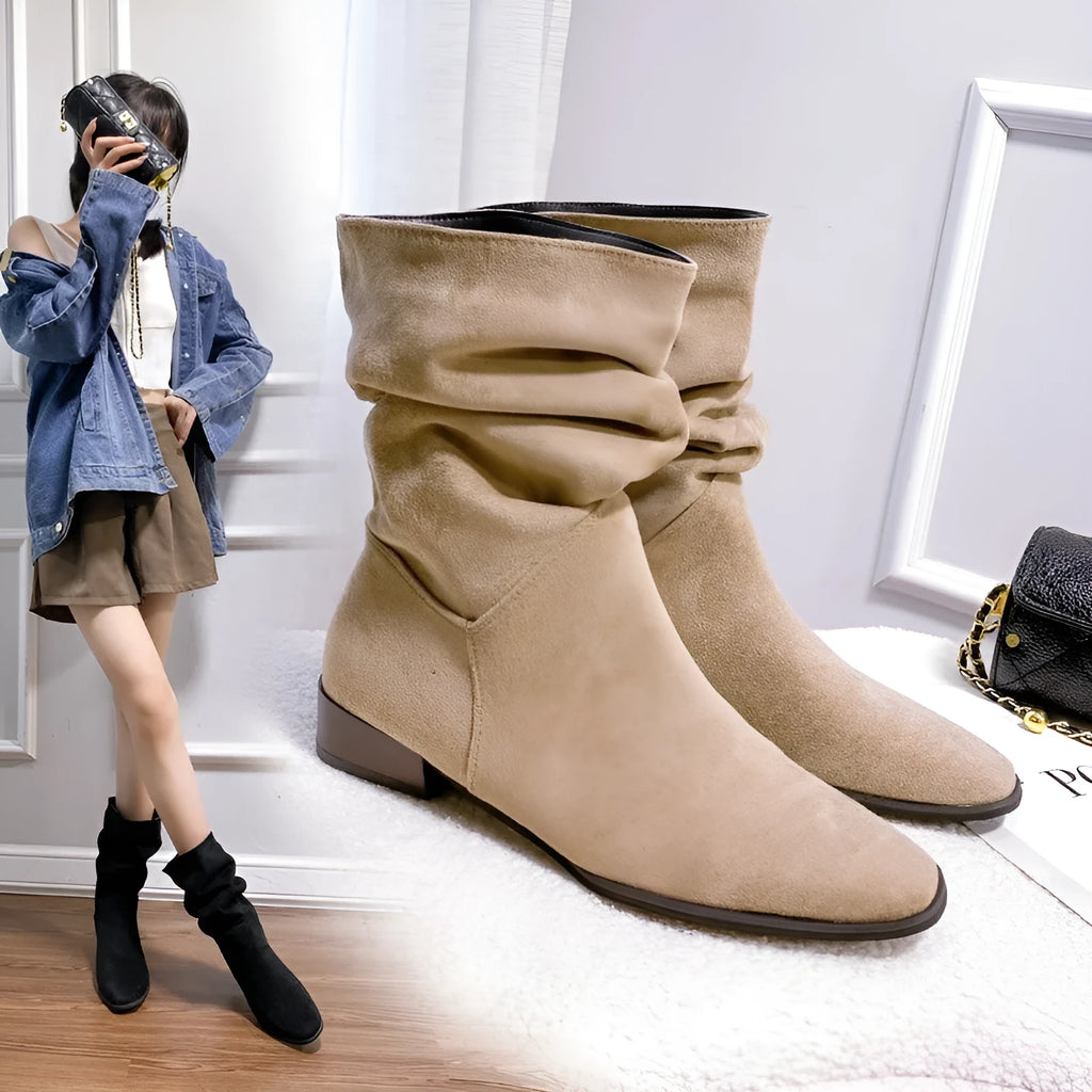Women's pointed toe retro suede over-the-knee boots with low thick heel in black colour