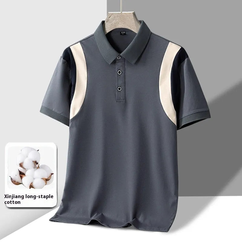 Men's striped cotton lapel-collar T-shirt in loose Korean fit for summer.
