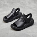 Peep toe women's casual sandals in cowhide leather with raised bottom sole, fish mouth toe, low top, black colour