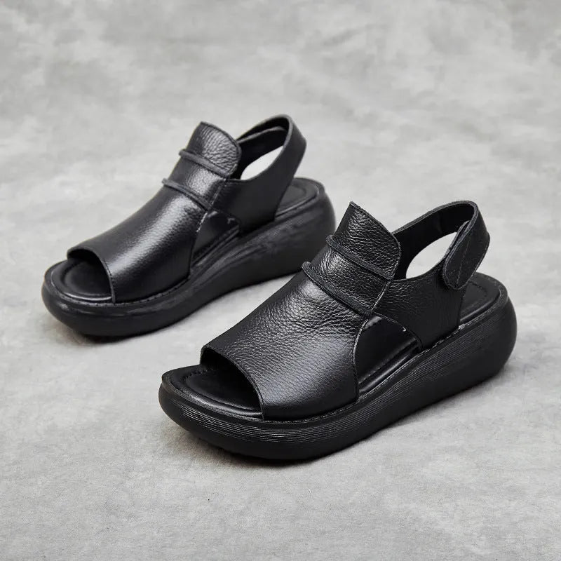 Peep toe women's casual sandals in cowhide leather with raised bottom sole, fish mouth toe, low top, black colour