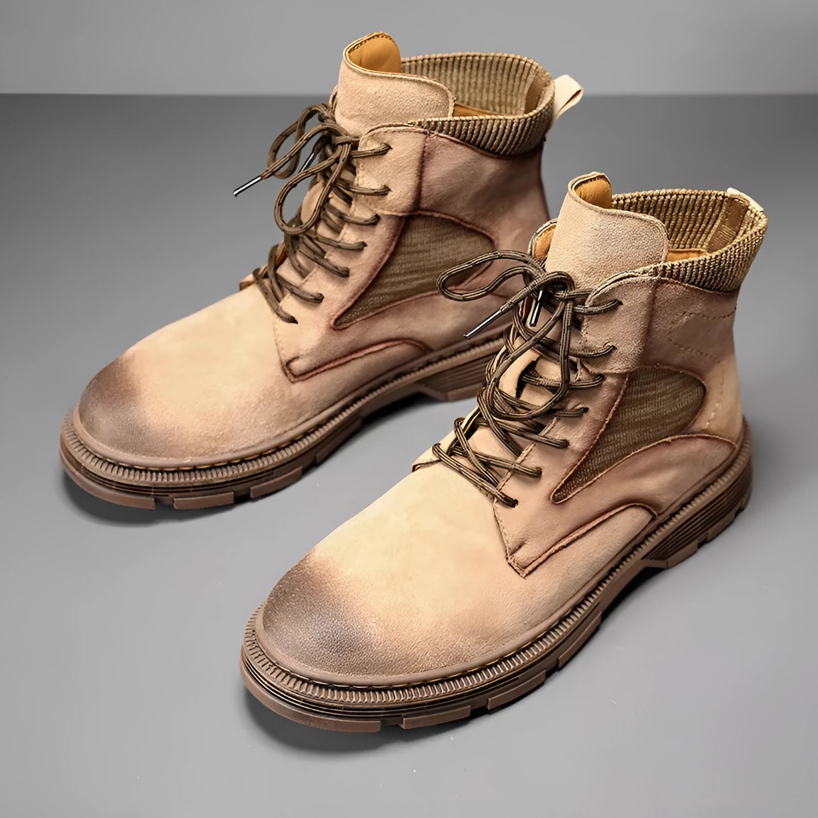 Men's frosted vintage Martin boots in black, sand, or grey with a low heel and round toe.