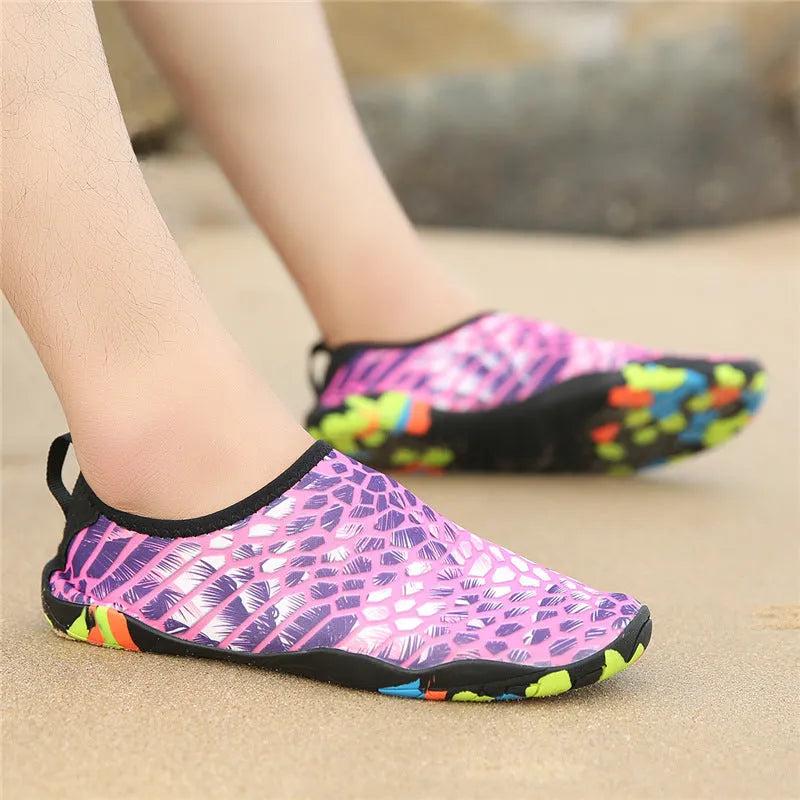 Blue elastic water wading shoes with EVA sole for beach and swimming.