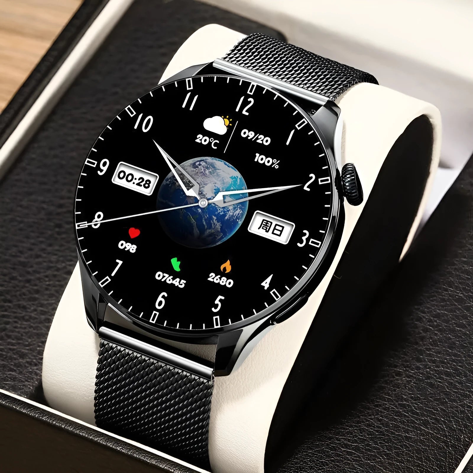 Sports bracelet smart watch with blood pressure monitor, touch screen, and steel strap