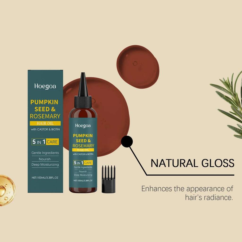 Rosemary essential oil hair care kit showing 100ml bottle, pointed nozzle, and wide-tooth comb.