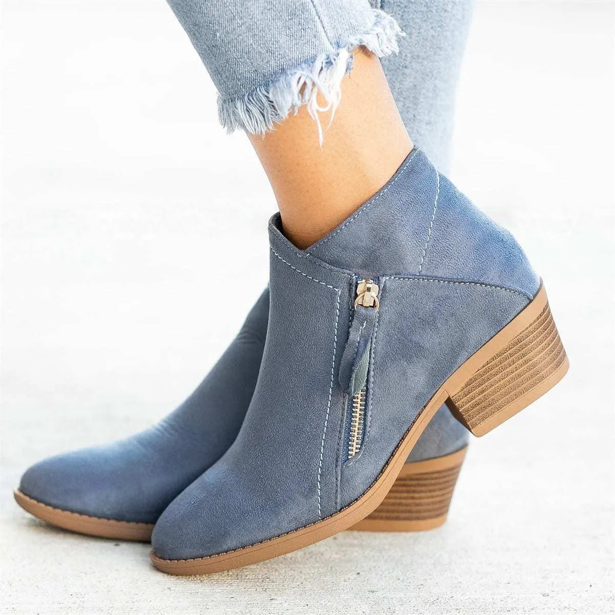 Women's blue suede ankle boots with a side zip and chunky heel, Dr. Martens style