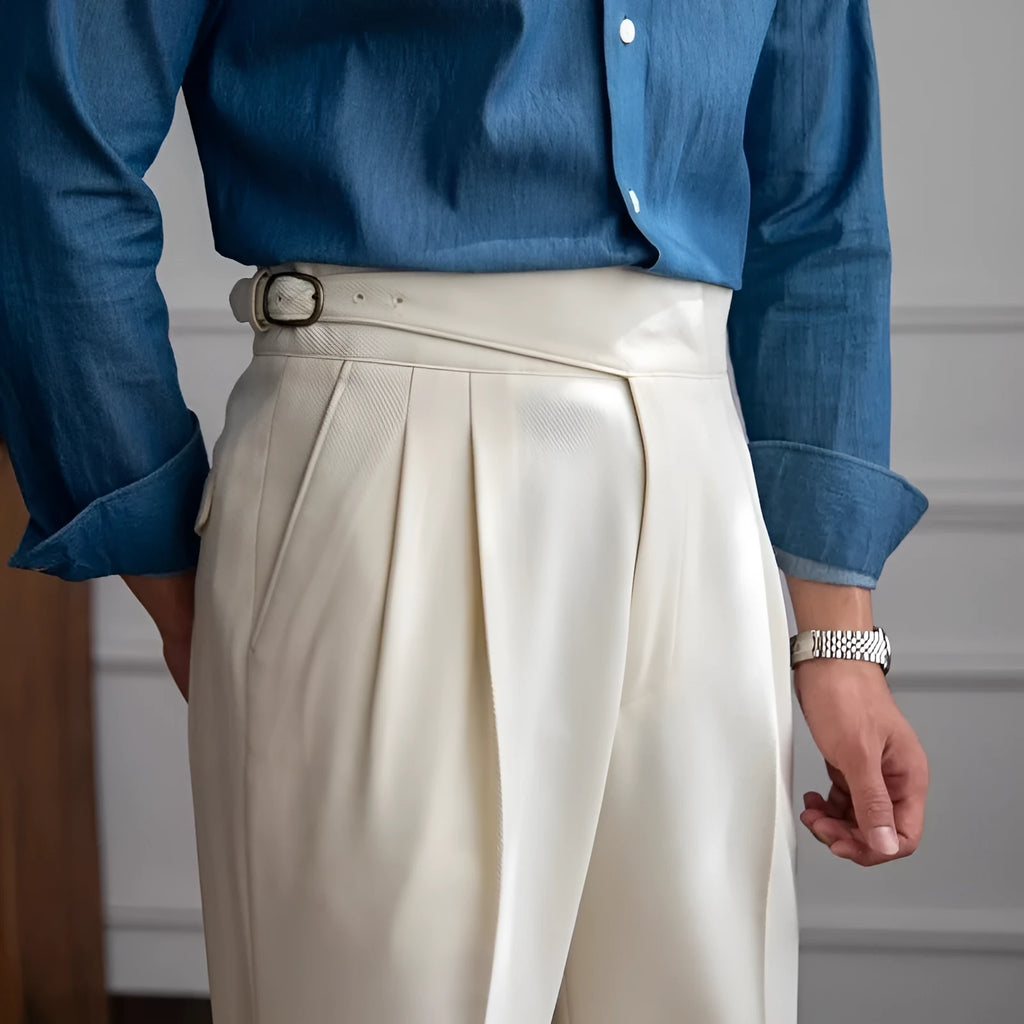 Men's high waist straight leg casual trousers in polyester fabric shown in black colour