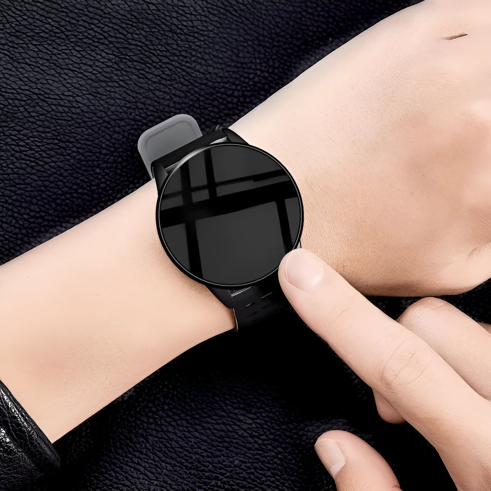 Black smart watch with sport rubber strap and 1.3-inch screen showing step count data.