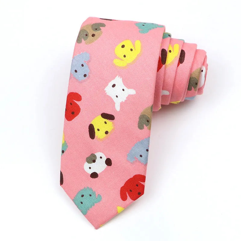 Narrow Korean style cotton bow tie with a printed cartoon pattern in various colours.