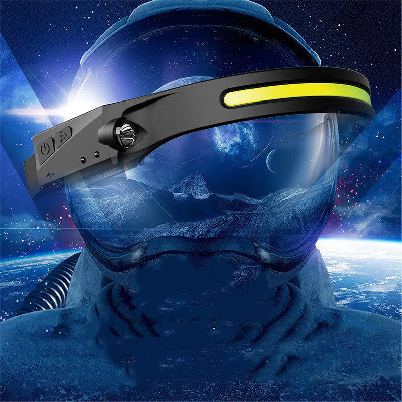 Black silicone USB rechargeable LED headlamp with side wave sensor, showing wide beam and long-range lighting.