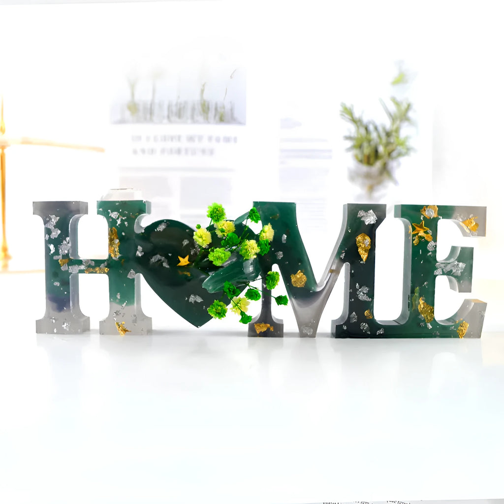Flexible silicone epoxy mould showing raised letters for words love, home, family, live, hello, blessed.
