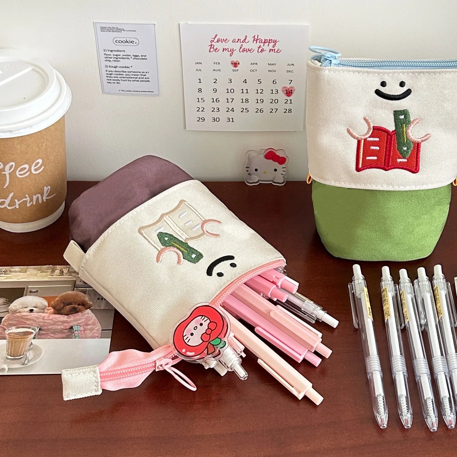 Brown Korean style cartoon collapsible pencil case with Oxford fabric 17x14cm dimensions