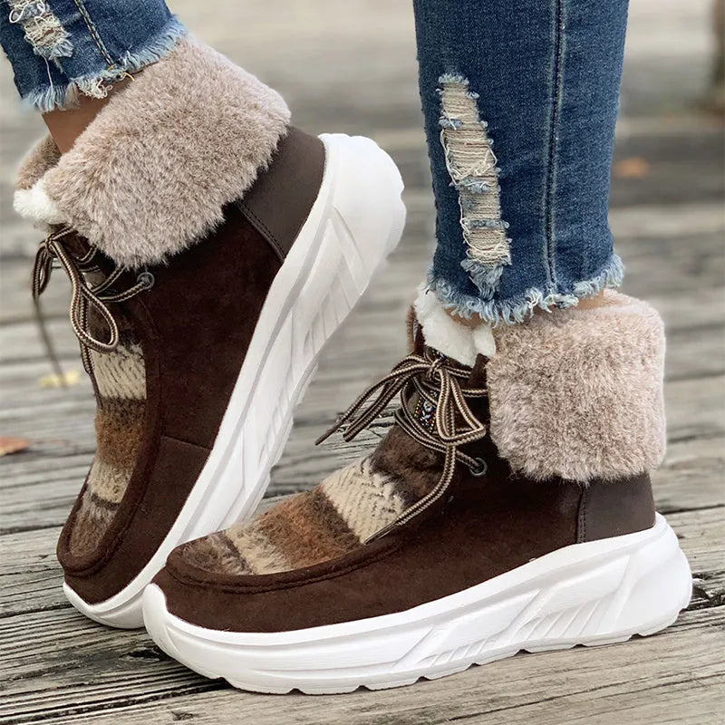 Women's lace-up snow boots with fuzzy lining and non-slip rubber soles in beige, black, and brown colours