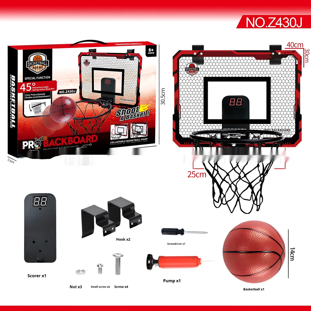 Red and blue folding basketball frame with suction cups and hook on a 400x300mm panel.