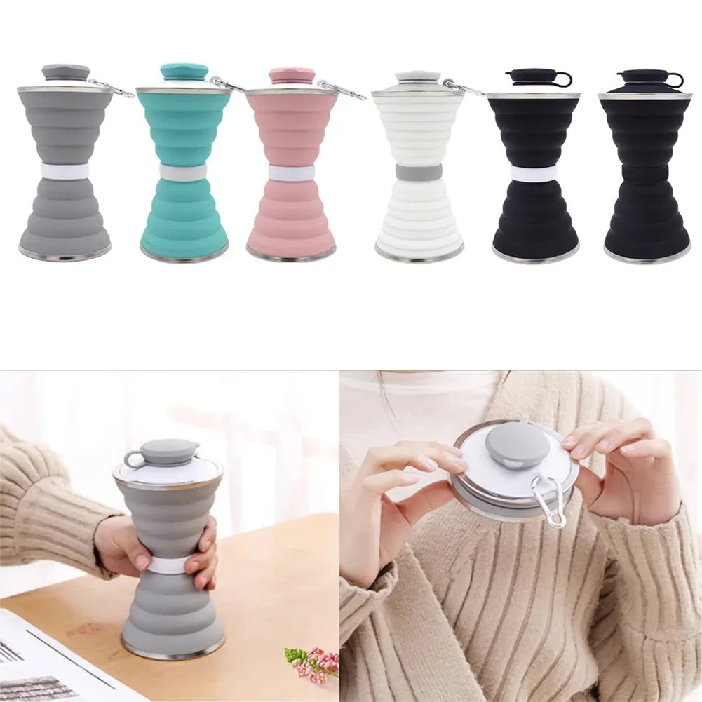 500ml foldable silicone water bottle cup in grey, collapsed to 9.6x4.6cm, with hanging hook and leak-proof lid