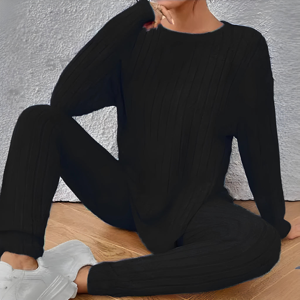 Black and blue sunken stripe pattern two-piece polyester homewear set for casual exercise.