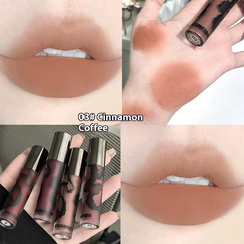 Lava Secret Matte Lip Mud Lipstick in five colour shades: orange brown coffee, cool grey, cinnamon coffee, jujube red, smoked purple.