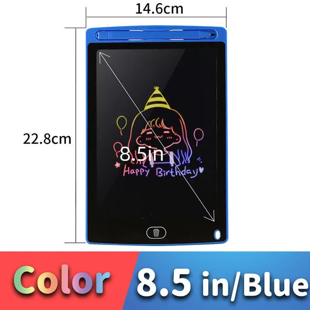 LCD drawing tablet for kids in light blue, showing colourful lines drawn with a plastic stylus.