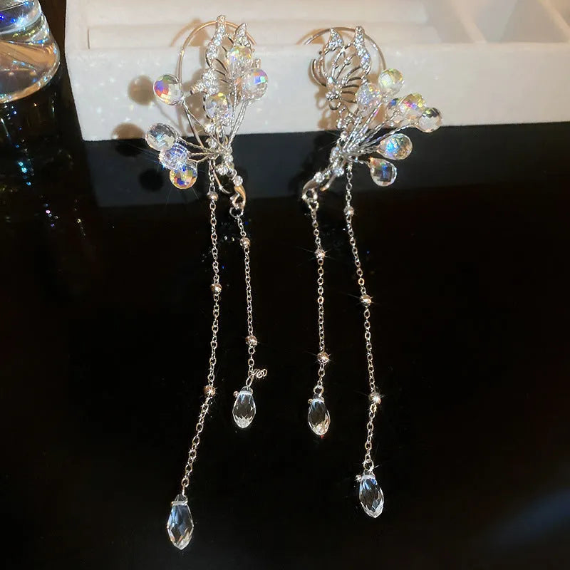 No pierced silver butterfly crystal tassel ear hanging on alloy clip-on for women