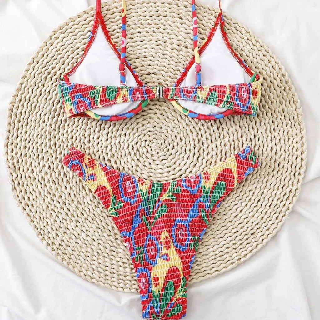 Red floral print women's two-piece underwire bikini set on a mannequin.