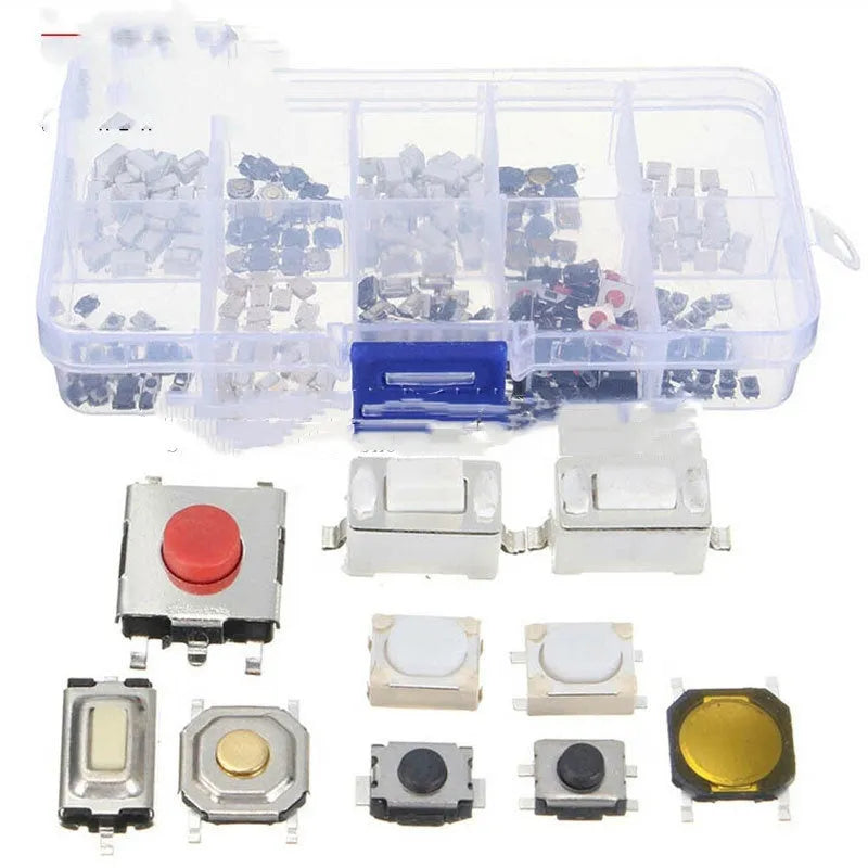 Box containing 250 surface mount tactile push button switches for electronics repair