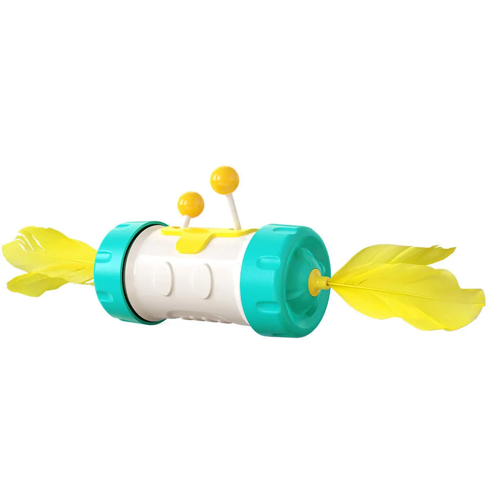 Colourful interactive cat toy with feather ball, stick pole, and tumbler on a flat surface.
