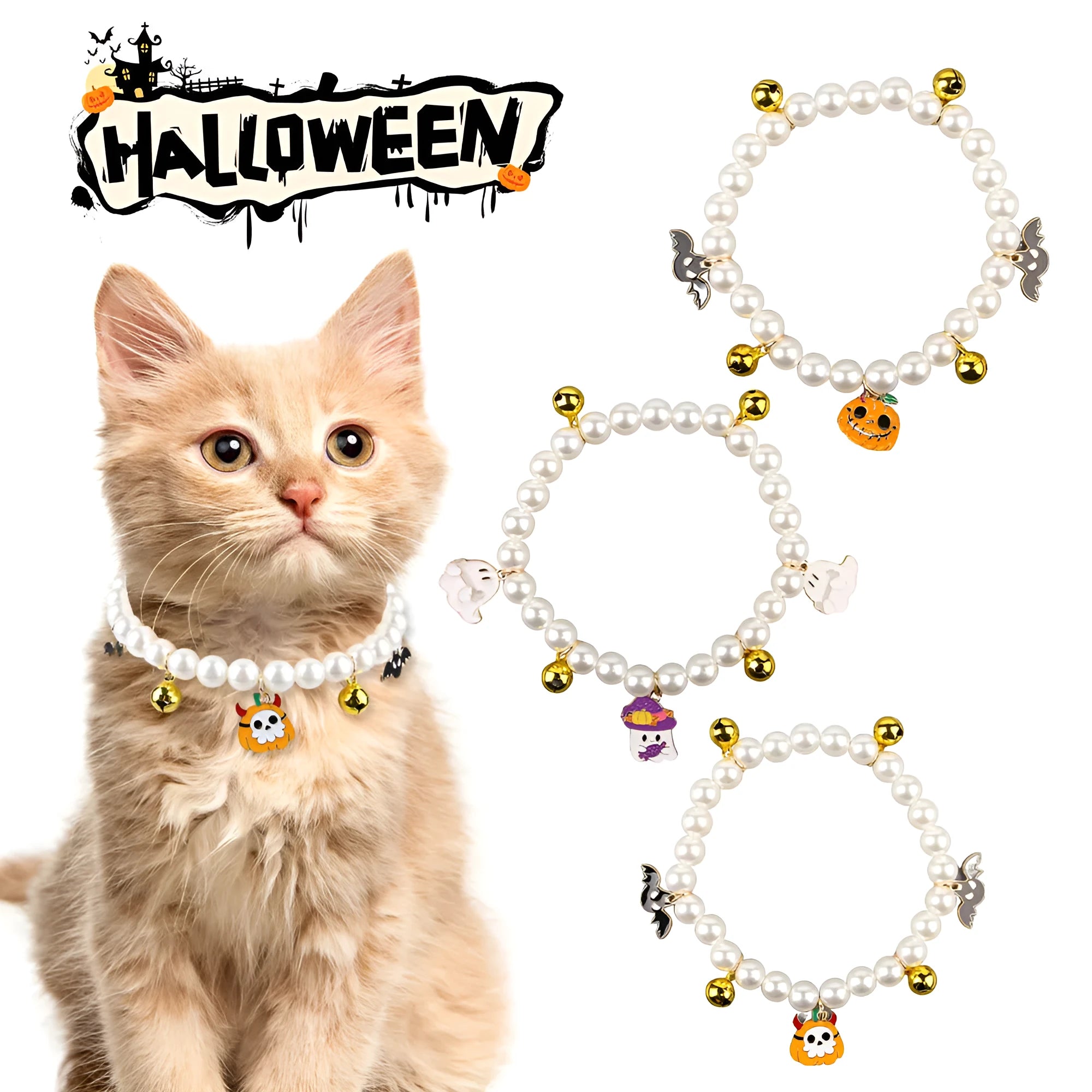 Three pet necklaces: one pearl, one black and orange Halloween, and one black with orange ribbon.