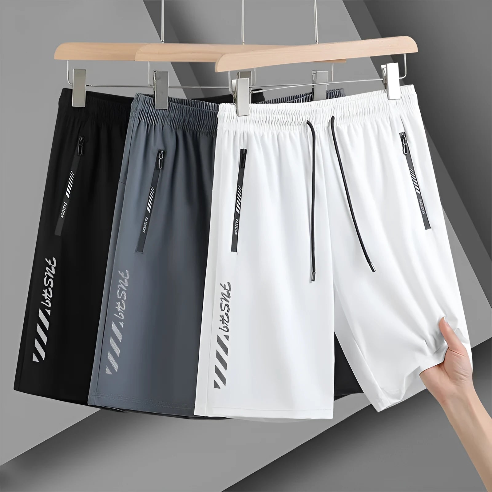 Men's loose fit quick-drying sports shorts in black, available sizes M to 6XL