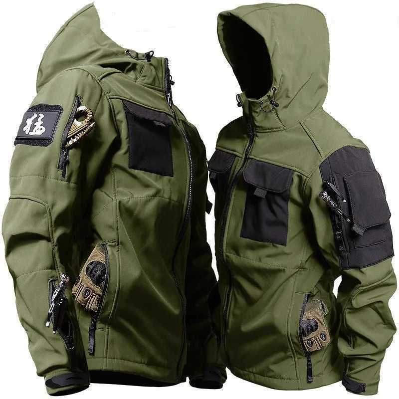 Men's fleece jacket and pants set in corduroy with hooded Korean style in army green beetle coat colour